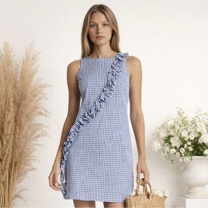 Maggy London Blue White Gingham Ruffle Trim Sleeveless Sheath Dress Sz 8